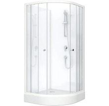 Cabină de duș pe colț cu uși de sticlă și baterie de duș