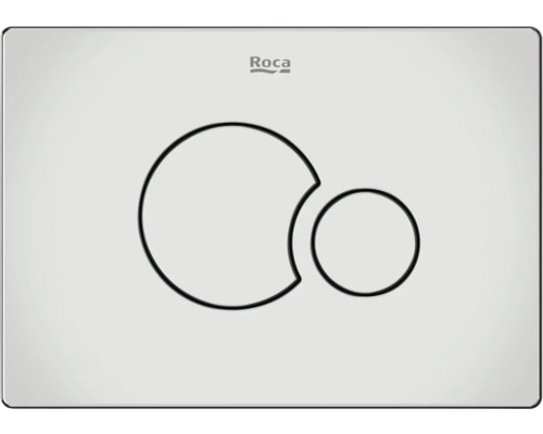 Clapetă de acționare pentru rezervor încastrat Roca Duplo S PS5 crom Sigla Roca deasupra unui panou de control pentru spălarea toaletei cu două butoane