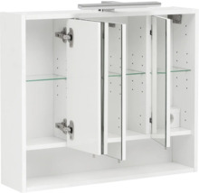 Dulap cu oglindă alb cu uși deschise și rafturi de sticlă