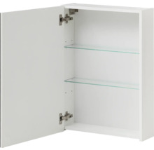 Dulap cu oglindă alb cu ușa deschisă și două rafturi din sticlă