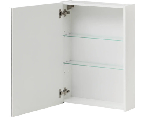 Dulap cu oglindă alb cu ușa deschisă și două rafturi din sticlă