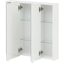 Dulap de oglindă alb deschis cu trei uși și rafturi de sticlă pentru baie