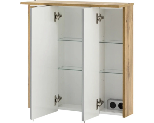 Dulap cu oglindă deschis cu rafturi din sticlă