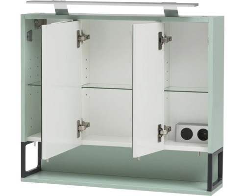 Dulap suspendat deschis pentru baie cu rafturi din sticlă și iluminare integrată