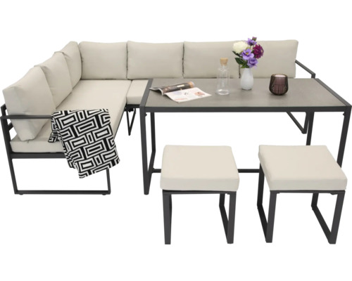 Set mobilier de grădină cu canapea de colț, masă și două scaune