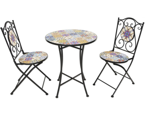 Set masă de grădină cu model mozaic, format dintr-o masă și două scaune cu cadru metalic