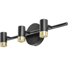 Lumină de perete cu LED cu trei brațe, neagră, cu detalii aurii