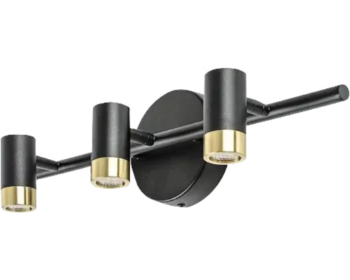 Lumină de perete cu LED cu trei brațe, neagră, cu detalii aurii