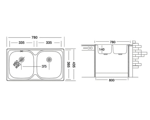 Desen cu o chiuvetă cu două cuve și dimensiuni