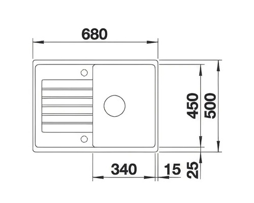 Desenul unei chiuvete cu dimensiunile de 680, 500, 450, 340, 25 și 15 milimetri.