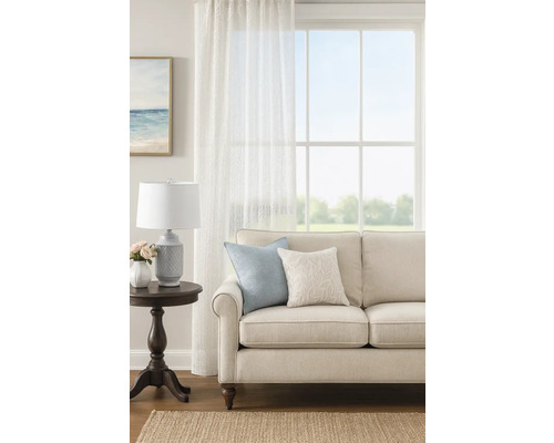 Living cu canapea, perne, lampă și fereastră