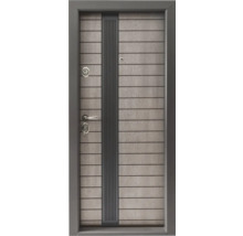 Ușă de intrare gri cu panouri orizontale și elemente decorative verticale