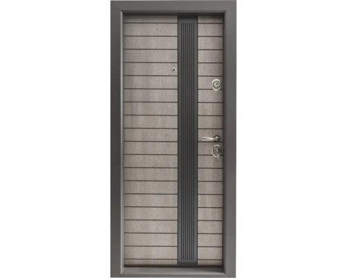 Ușă de intrare modernă cu aspect orizontal de lemn și element decorativ vertical