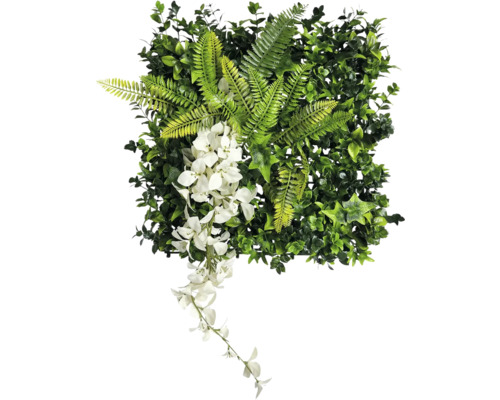 Panou de plante artificiale cu ferigă și flori albe
