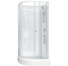 Cabină de duș cu cap de duș și uși de sticlă transparente