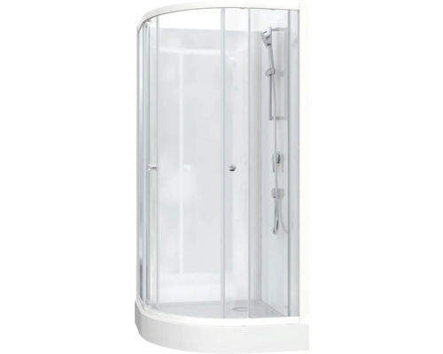 Cabină de duș cu cap de duș și uși de sticlă transparente