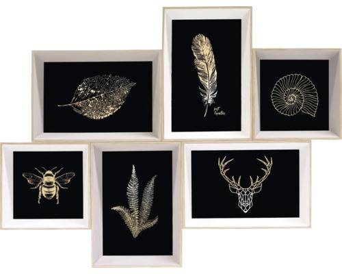 Tablou de perete format din mai multe părți cu motive de frunză, pană, scoică, albină, ferigă și coarne de cerb