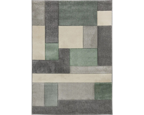 Covor cu model geometric în diferite nuanțe de gri și verde