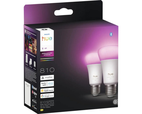 Bec Philips Hue E27, alb și colorat, 810 lumeni, Compatibil cu Matter, Alexa, Apple Home și Google Home