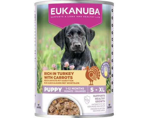 Eukanuba Puppy hrană pentru câini cu curcan și morcovi, potrivită pentru căței de la 1 la 12 luni