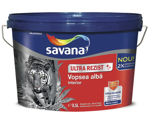 Vopsea lavabilă pentru interior Savana Ultra Rezist albă 8,5 l Găleată cu vopsea lavabilă albă pentru interior, marca Savana, 8,5 litri