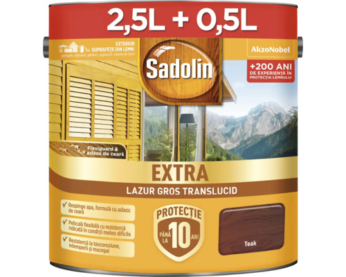 Lazura groasă translucidă Extra Sadolin Teak, cutie de 2,5 litri plus 0,5 litri pentru exterior