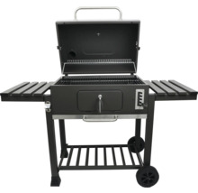 Grătar cu cărbune cu capac deschis și rafturi de depozitare