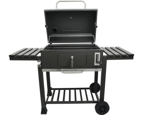 Grătar cu cărbune cu capac deschis și rafturi de depozitare