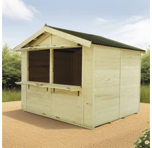 Stand de vânzare din lemn cu acoperiș și tejghea rabatabilă