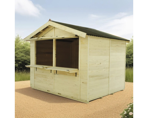 Stand de vânzare din lemn cu acoperiș și tejghea rabatabilă