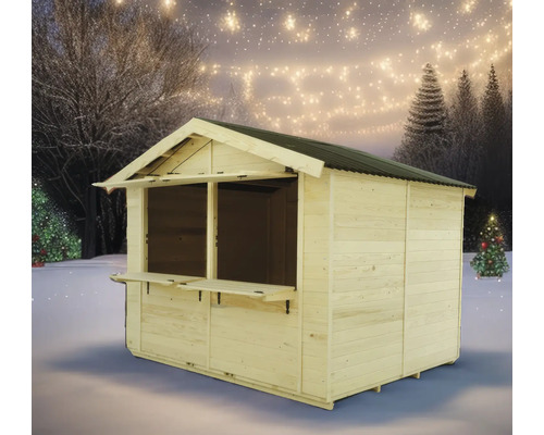 Stand de vânzare din lemn cu acoperiș și tejghea în aer liber