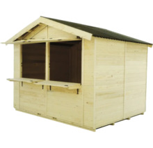 Stand de vânzare din lemn cu acoperiș și două clapete