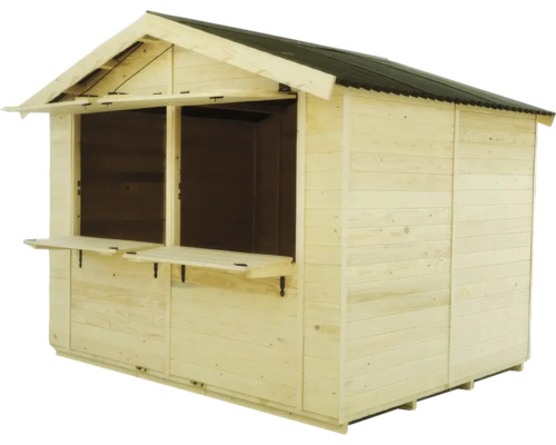 Stand de vânzare din lemn cu acoperiș și două clapete