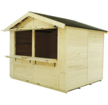 Stand de vânzare din lemn cu acoperiș și ferestre de expoziție