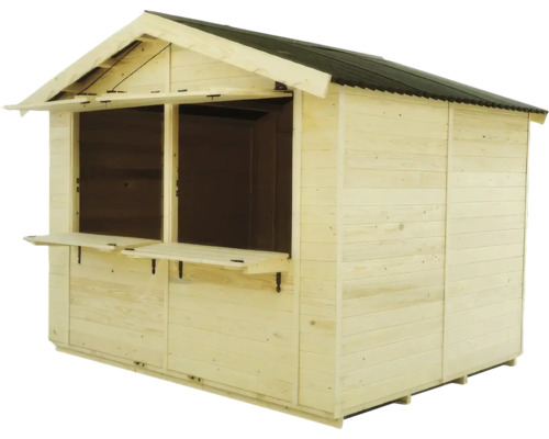 Stand de vânzare din lemn cu acoperiș și ferestre de expoziție