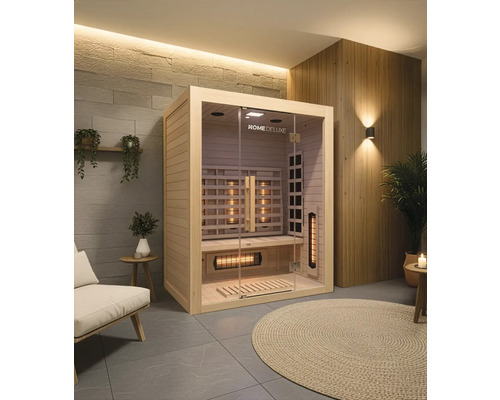 Vizualizare interioară a unei saune Home Deluxe cu față de sticlă, placare din lemn și emițătoare de infraroșu