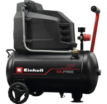 Un compresor Einhell negru, fără ulei, cu roți și mâner roșu.