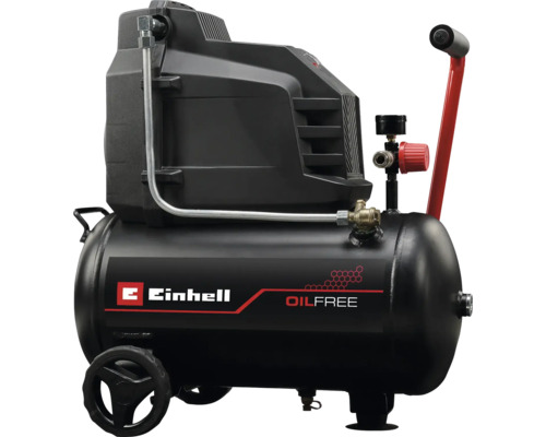 Un compresor Einhell negru, fără ulei, cu roți și mâner roșu.