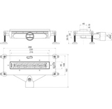 Desen tehnic al unui canal de duș cu dimensiuni.