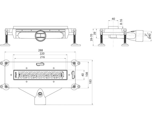 Desen tehnic al unui canal de duș cu dimensiuni.
