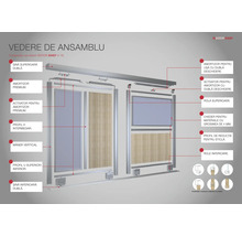 Vedere de ansamblu a sistemului de uși Adöor Easy U-18, ce prezintă șină superioară dublă, amortizor premium, activator pentru amortizor premium, profil H intermediar, mâner vertical, profil U superior/inferior și șină inferioară dublă