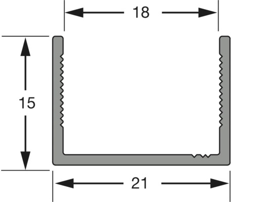 Desen tehnic al unui profil U cu dimensiunile de 18, 15 și 21 milimetri