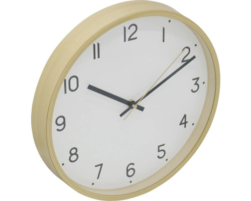 Ceas de perete cu rama din lemn deschis la culoare și cadran