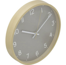 Ceas de perete cu ramă din lemn deschis la culoare și cadran gri