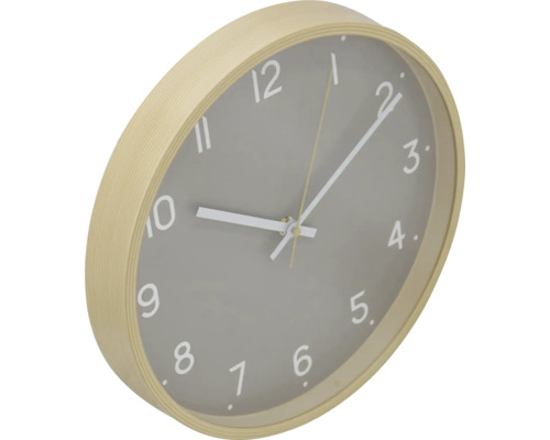 Ceas de perete cu ramă din lemn deschis la culoare și cadran gri