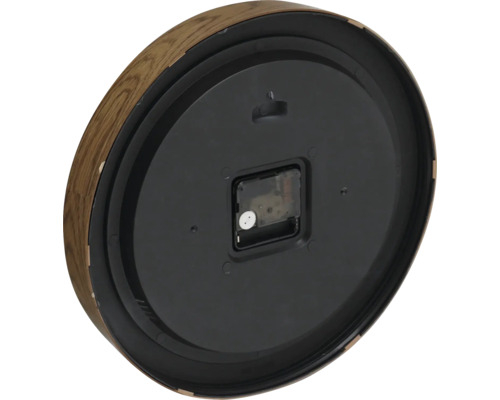 Partea din spate a unui ceas de perete cu ramă din lemn și mecanism de ceas