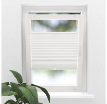 Fereastră cu jaluzea plisată albă și plantă de interior