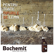 Lemn cu deteriorări cauzate de dăunători și produsul de protecție a lemnului Bochemit