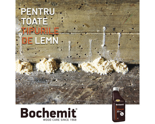 Lemn cu deteriorări cauzate de dăunători și produsul de protecție a lemnului Bochemit