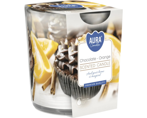 Lumânare parfumată în pahar Bolsius Chocolate-Orange durata de ardere 22 h Lumânare parfumată Aura Candles ciocolată portocală în sticlă